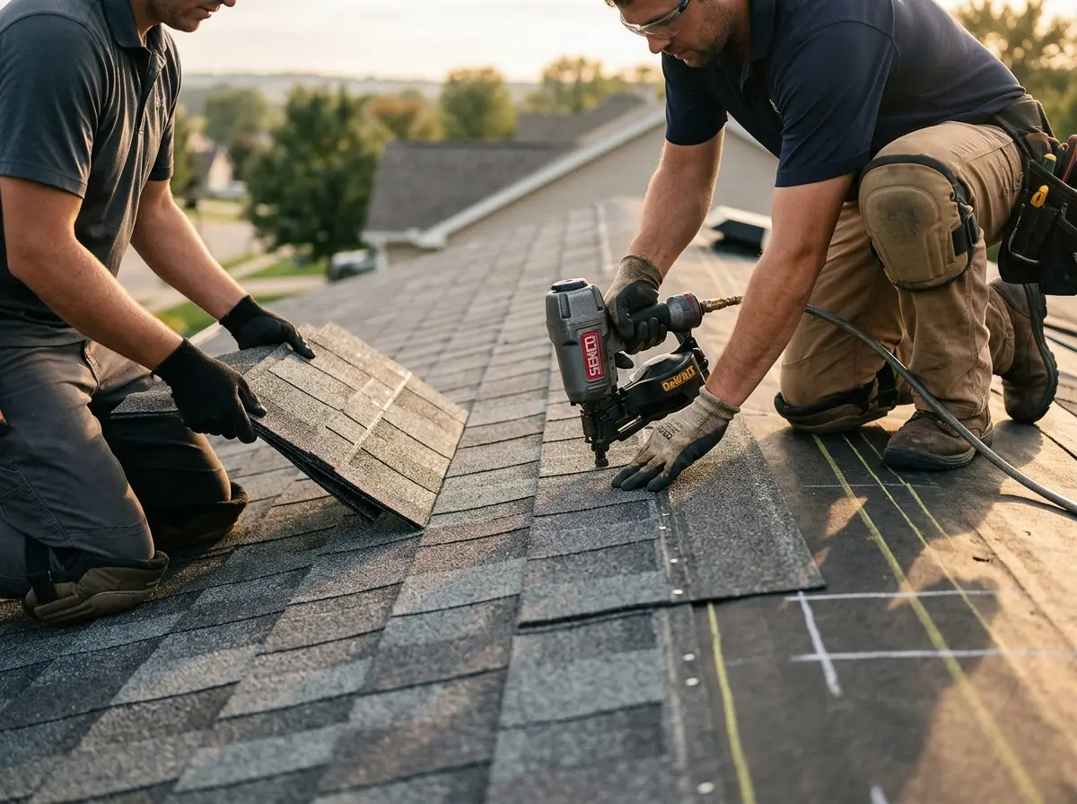 Professional roofer working on a residential roof in Eastern Goleta Valley